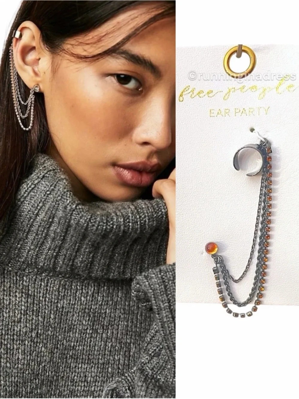 Free People Ear Party Chain Cuff Earring NWT Gunmetal Amber Orange Rhinestone